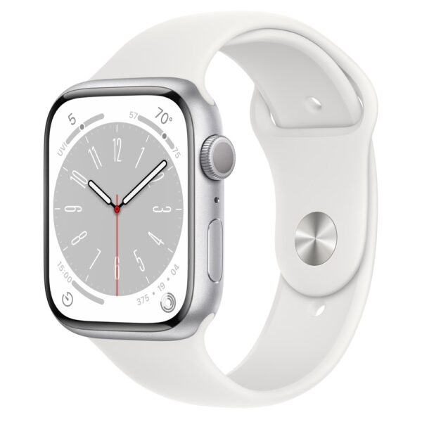 Apple Watch Series 8, 45 мм, корпус из алюминия серебристого цвета, спортивный ремешок белого цвета, два ремешка в комплекте