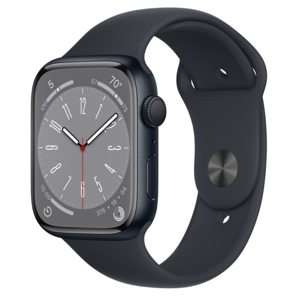 Apple Watch Series 8, 45 мм, корпус из алюминия в цвете Midnight (Тёмная ночь), спортивный ремешок в цвете Midnight (Тёмная ночь), размер S/M (140-190мм)